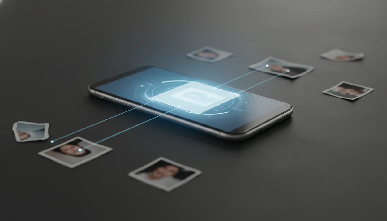 A smartphone analyzes blurred photo fragments with blue light links, suggesting deep visual profile search.