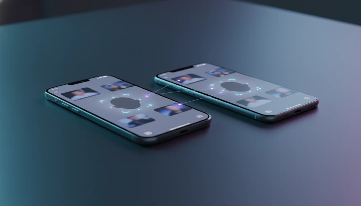 Two smartphones show an abstract face search interface with blurred match cards and visual connection lines.