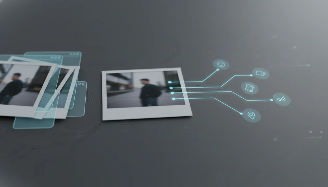 An illustration contrasts photo matching with AI context signals branching from the same image.