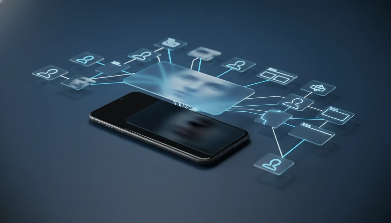 A phone sends a blurred face photo into connected image tiles for deep visual search.