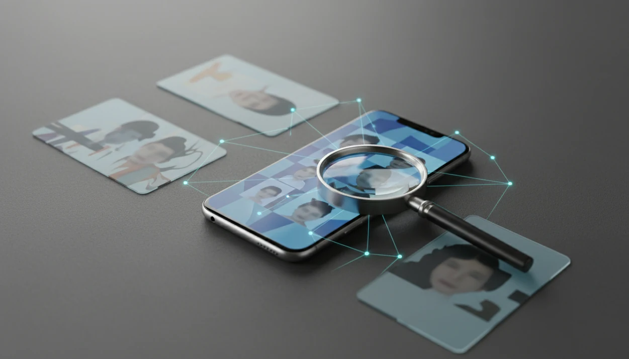A phone, photo cards, and magnifying glass suggest privacy-aware AI people search by image.