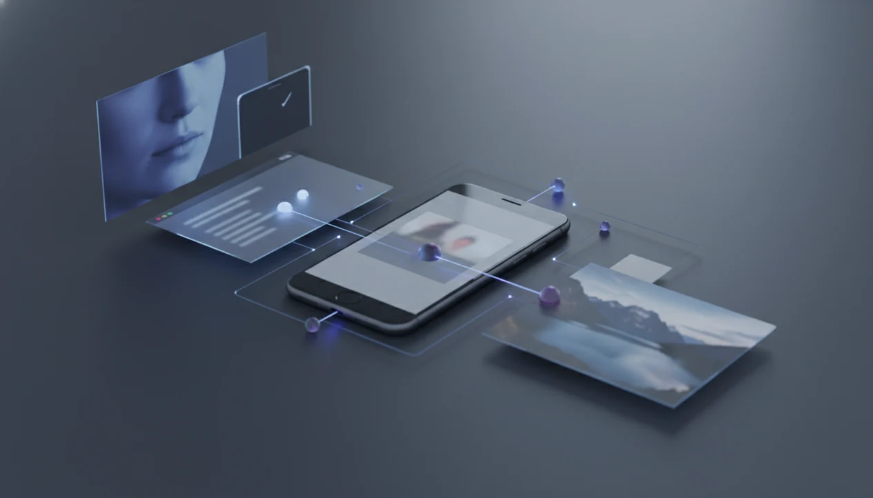 A smartphone and layered image fragments are connected by glowing lines to suggest AI-powered visual search.