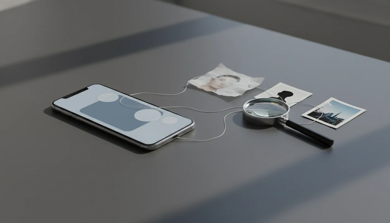 A phone, photo fragments, and thread connections suggest combining name clues with visual search.