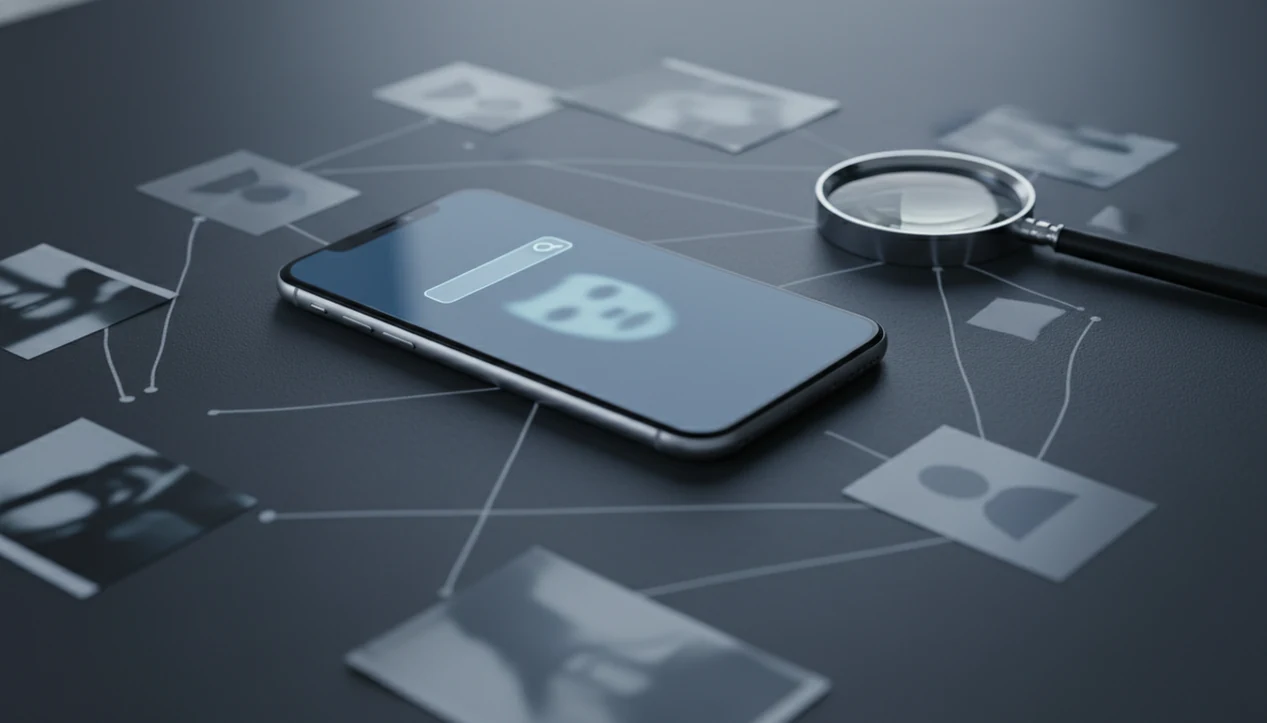 A phone, photo fragments, and connecting lines suggest public web people search by image.