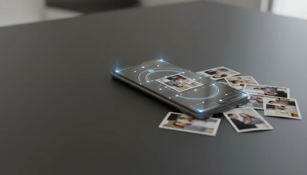 A smartphone and blurred photo thumbnails are connected by abstract face-search matching lines.