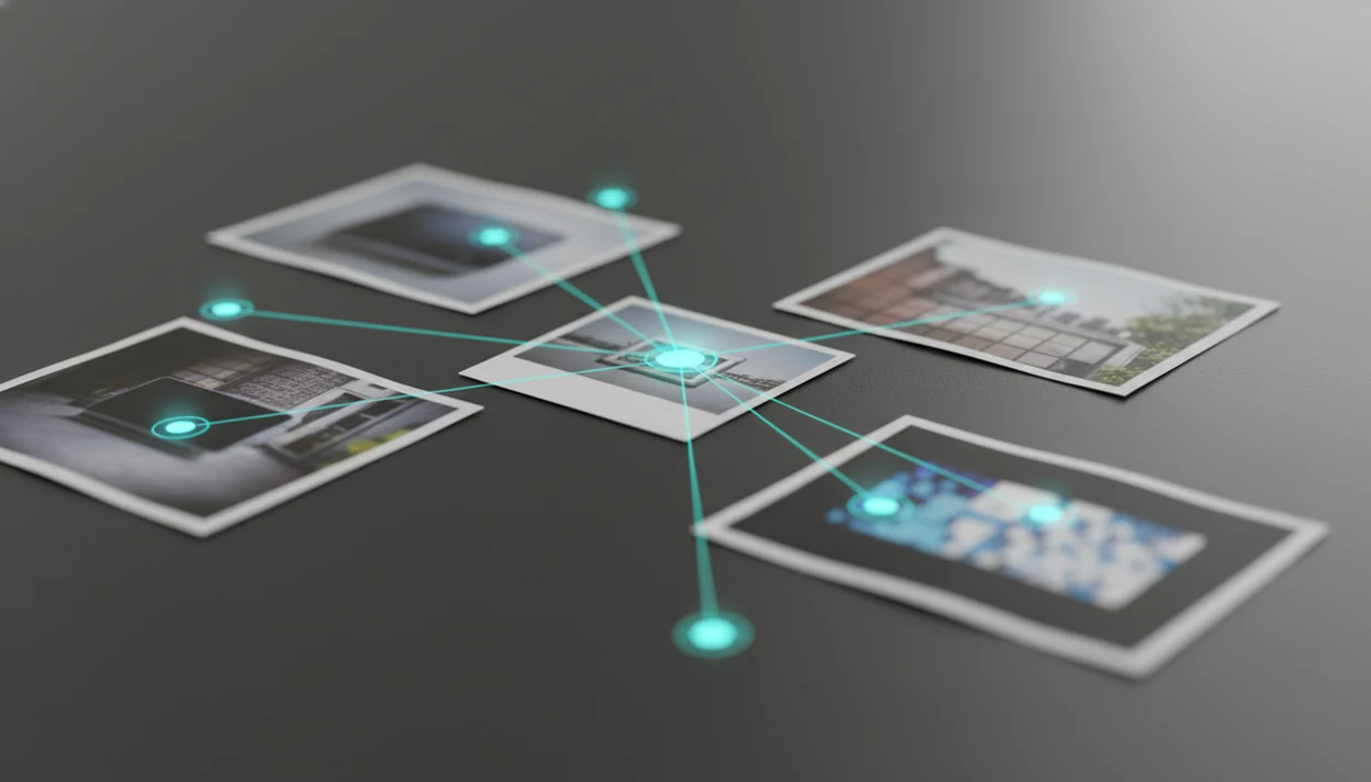 A central photo connects to similar image prints, illustrating photo-based deepsearch across public web results.