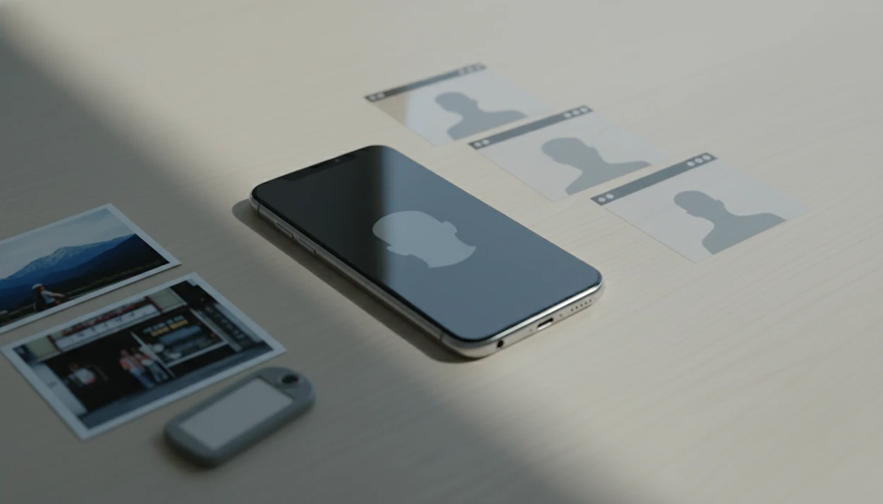 A phone and scattered photo clues on a desk suggest a privacy-aware digital footprint search.