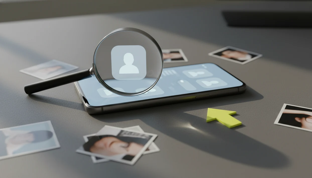 A magnifying glass examines anonymous profile images on a phone, suggesting a careful fake profile check.