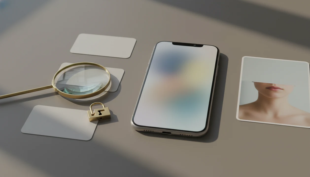 A phone, photo cards, magnifying glass, and small lock suggest careful Instagram profile verification.