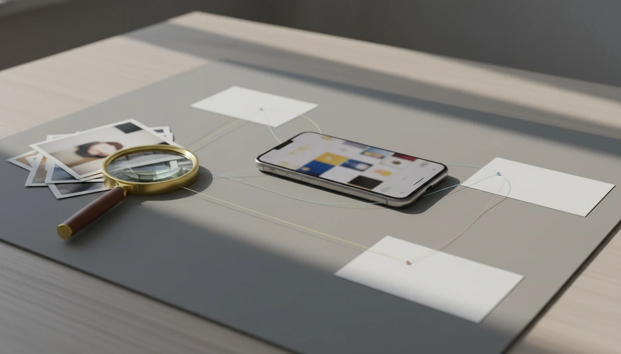 A desk still life shows photos, a phone, blank cards, and a magnifying glass connected by subtle threads.