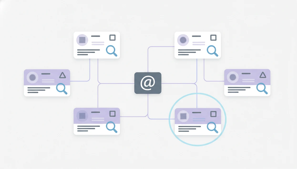 A username token connects to abstract social profile cards in a clean visual search network.