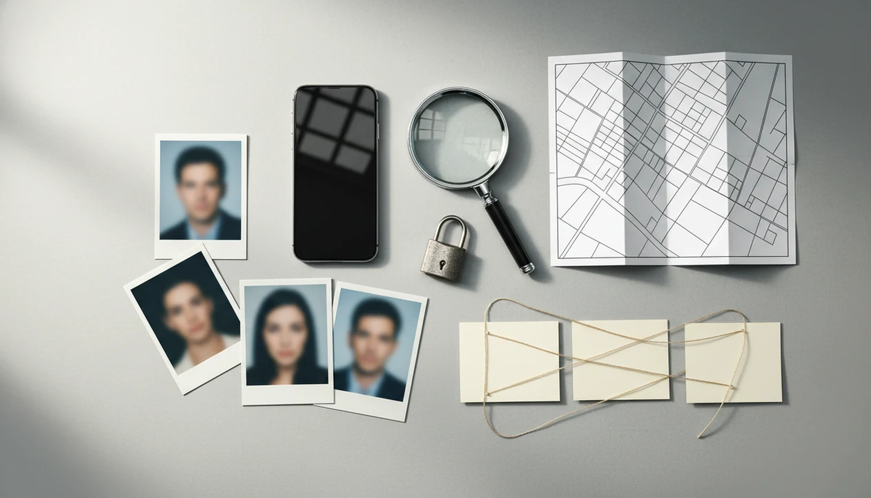A privacy-aware search setup with a phone, magnifying glass, blurred photos, map, notes, and padlock.