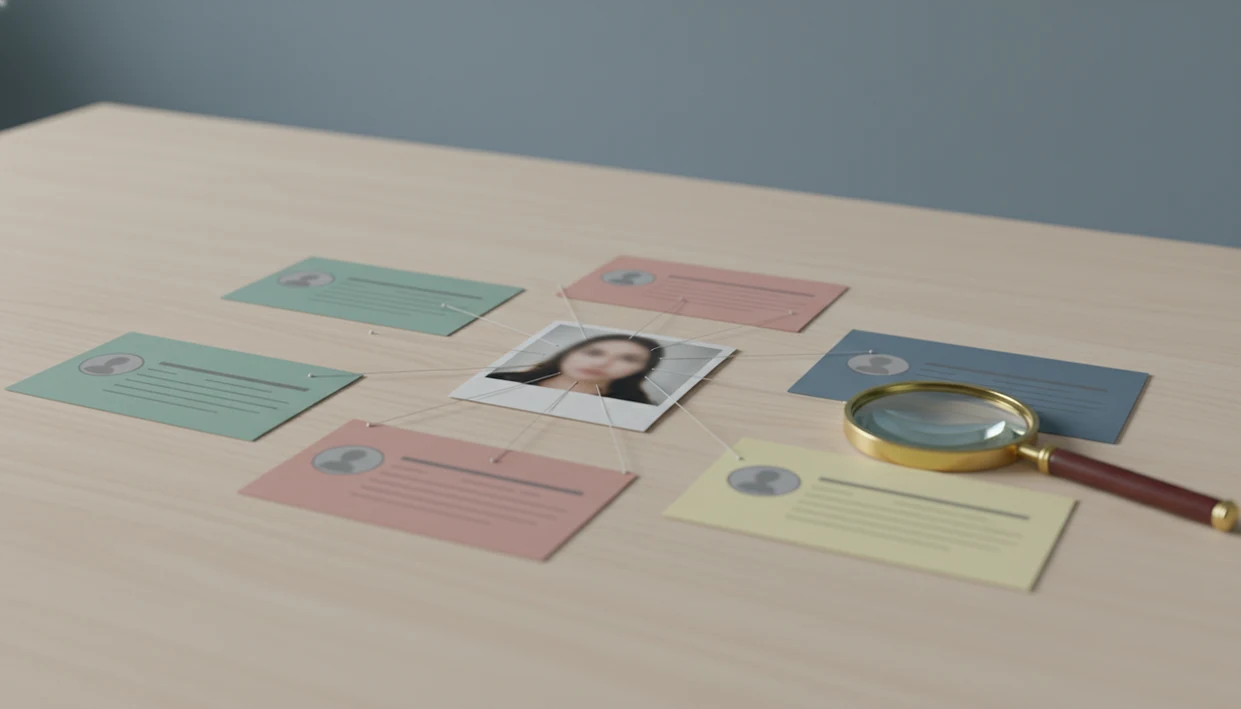 A blurred portrait photo connects to blank social profile cards under a magnifying lens.