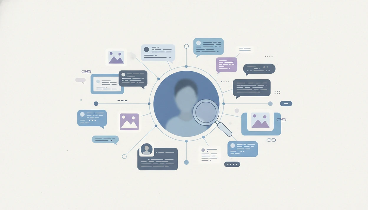 A profile image node connects to abstract social media cards and search signals in a clean visual map.