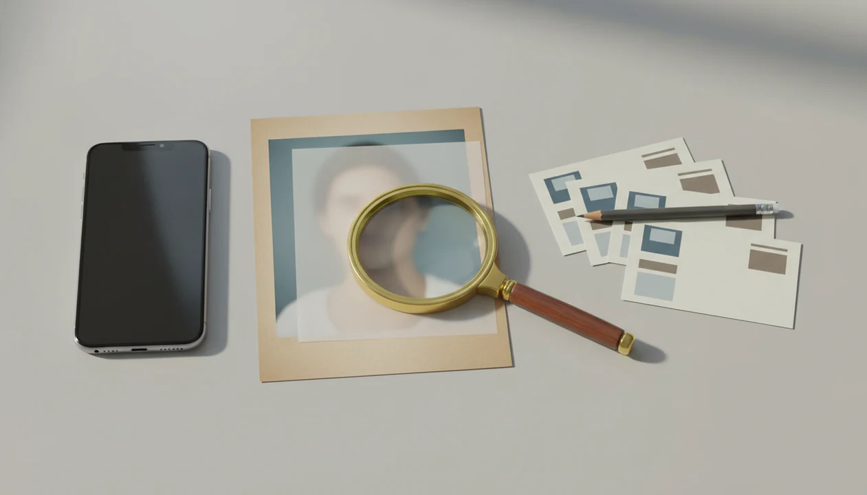 A privacy-focused photo search still life with a blurred portrait, phone, magnifying glass, and blank result cards.