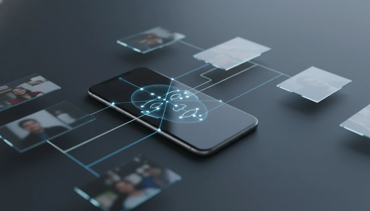 A phone shows an anonymous face map connected to blurred public image cards for face search.