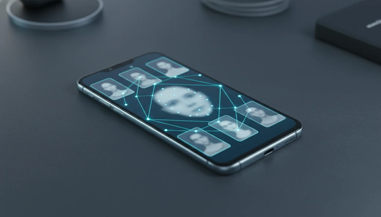 An Android phone shows an abstract face search visualization with blurred match cards on a dark desk.