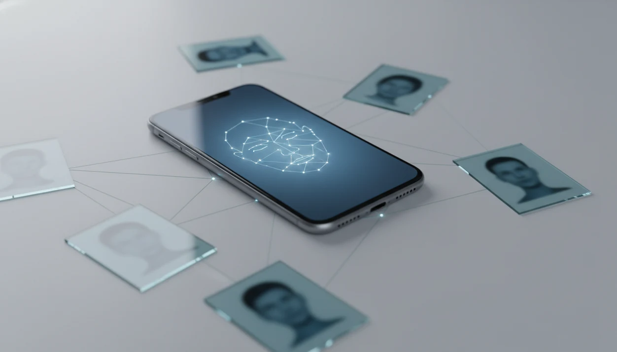 An unbranded iPhone-style device visualizes AI face search with blurred photo cards and connection lines.