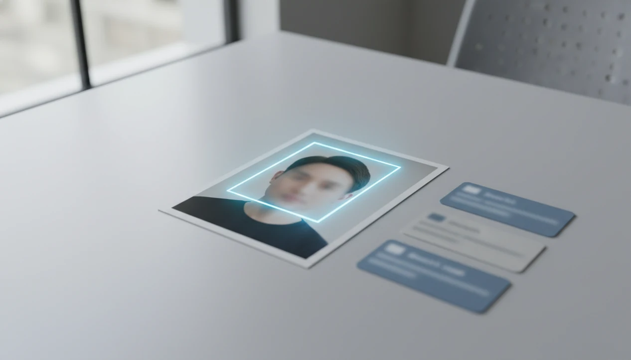 A portrait photo on a desk shows a crop frame around the face with blurred visual match cards nearby.