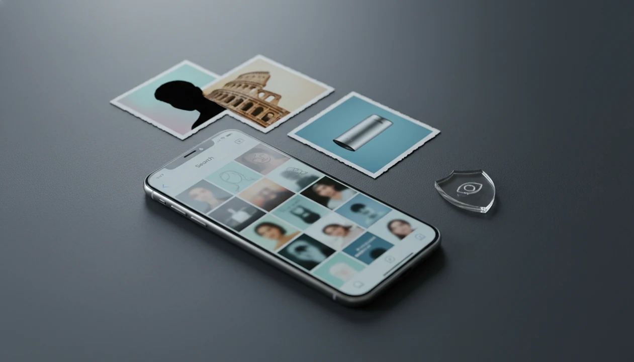 A smartphone surrounded by photo cards suggests mobile face search and visual lookup alternatives.
