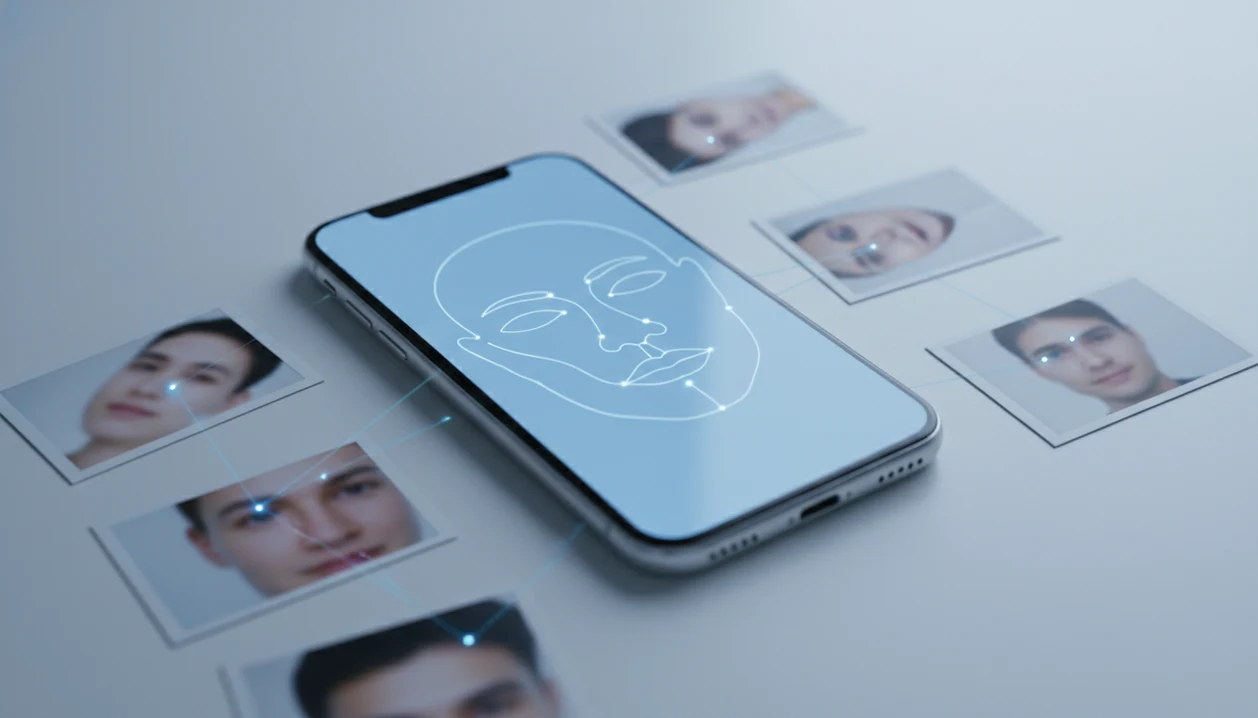 A smartphone compares an abstract face silhouette with blurred photo cards on a clean desk.