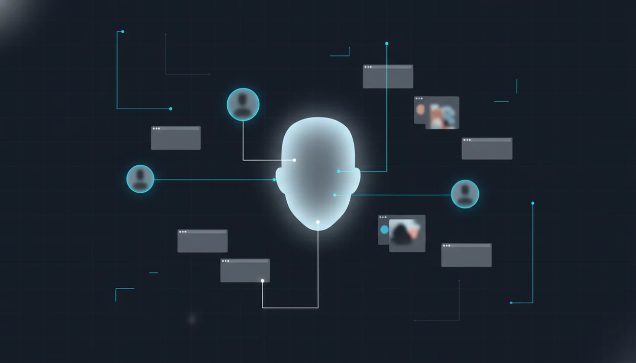 Anonymous face search concept with public web image cards linked as possible matches.