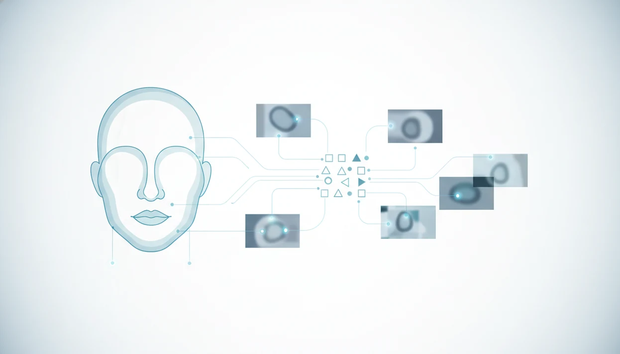 An abstract face recognition diagram connects an anonymous face outline to blurred image tiles and data points.