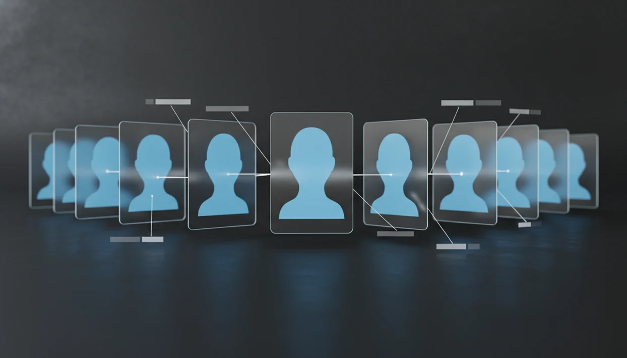 Anonymized face tiles and confidence bars illustrate how face search results are ranked and uncertain.
