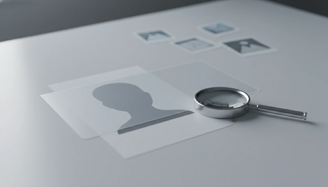 An anonymous face image is partly covered by privacy film beside a magnifying glass on a clean desk.