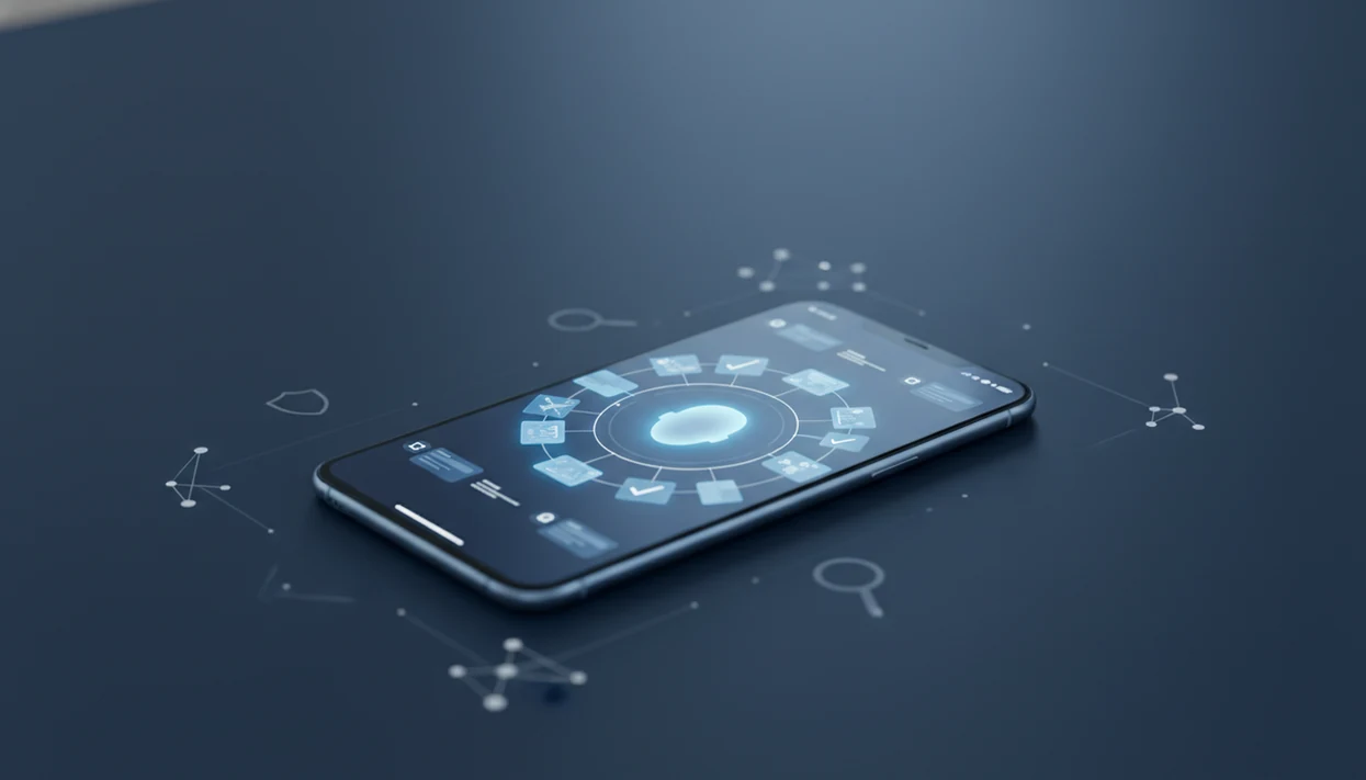 A smartphone shows an abstract face search interface with connected image tiles and privacy cues.