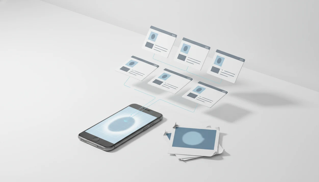 An illustrated phone and blurred face photo connect to abstract search result cards on a clean desk.