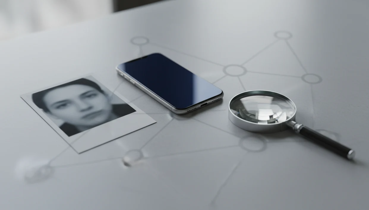 A blurred portrait print, blank phone, and magnifying glass suggest careful face search verification.