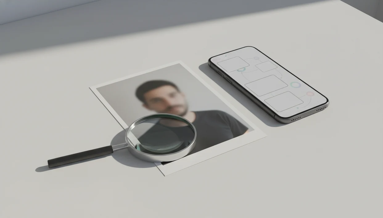 A phone, magnifying glass, and blurred photo suggest searching for an Instagram profile by picture.