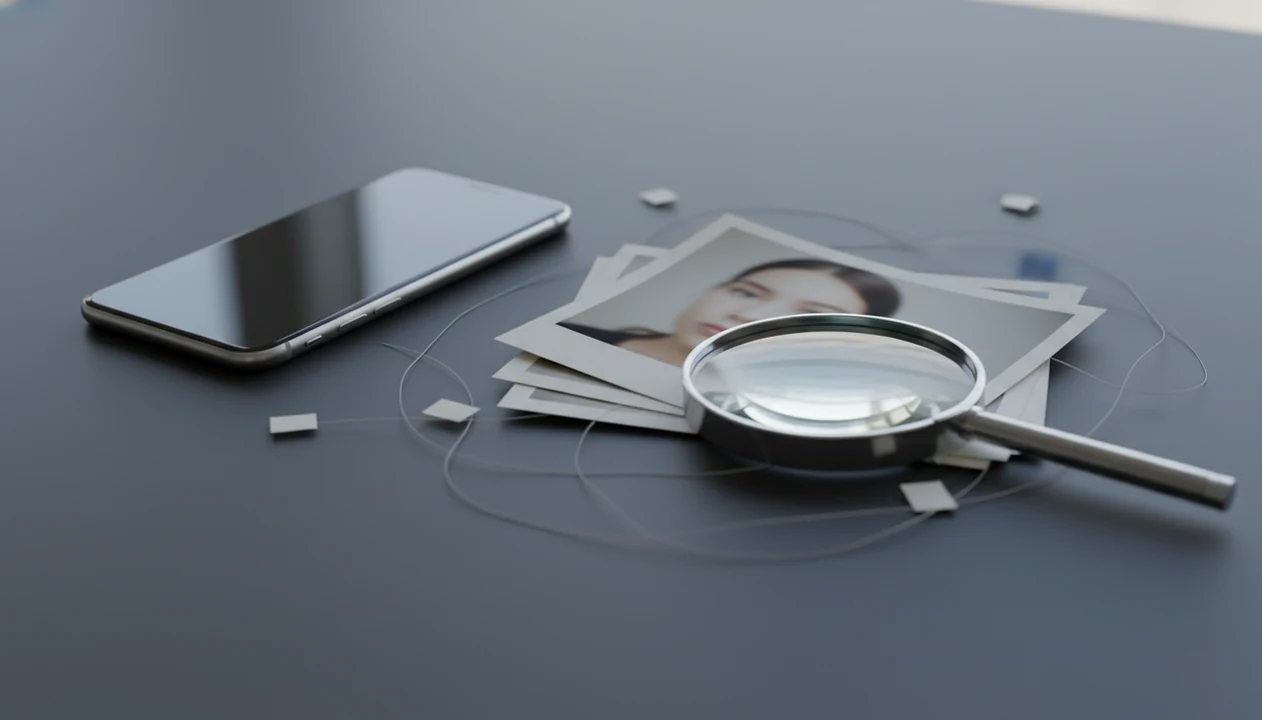 A phone, blurred face photo, and magnifying glass suggest careful person search by image.
