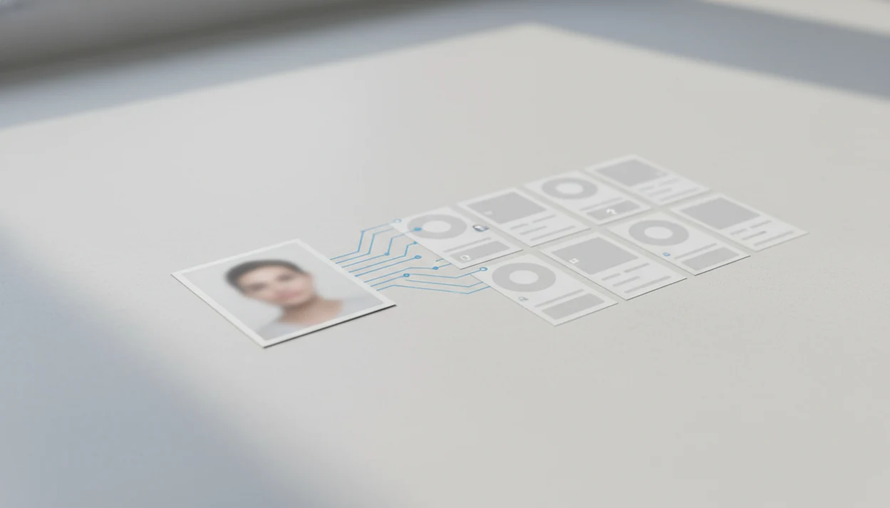 An anonymous photo connects to generic public profile cards in a visual search concept.