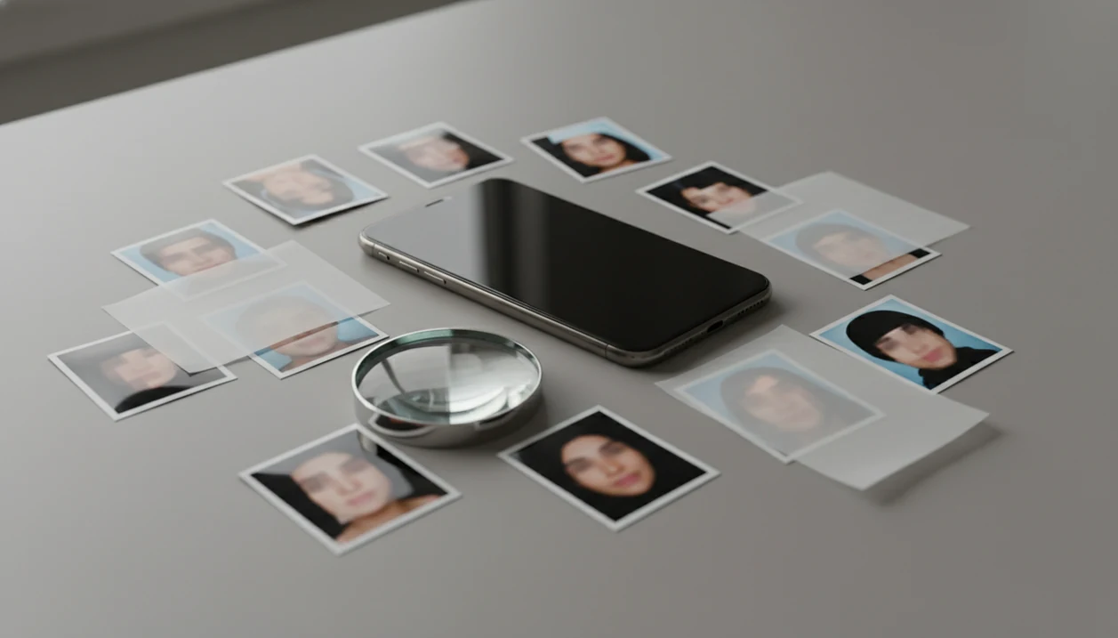 A magnifying loupe rests over blurred face photos beside a smartphone, suggesting privacy-aware reverse face search.