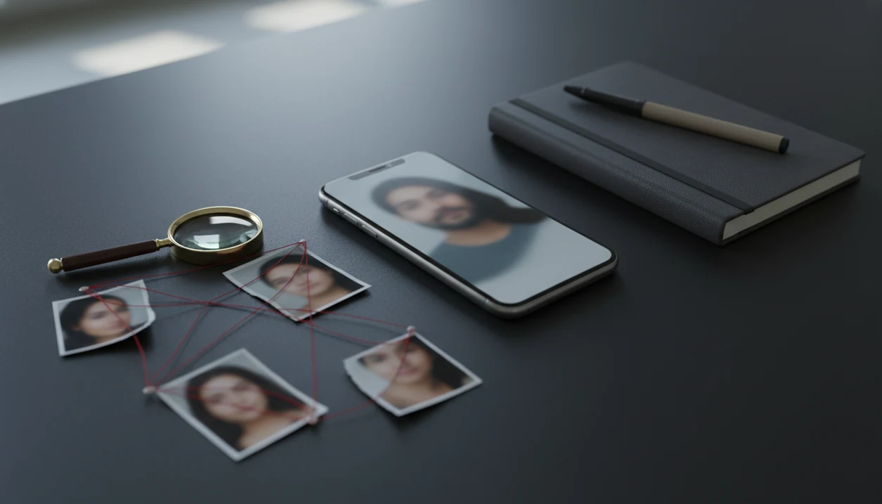 A phone, blurred photos, and a magnifying glass arranged as a careful romance scam image check.