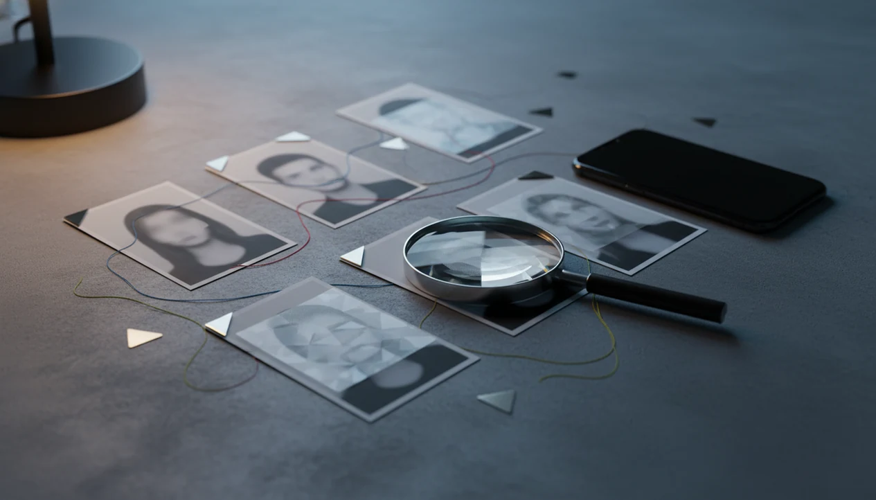 A magnifying lens examines blurred profile photos on a desk to suggest careful fake profile checking.