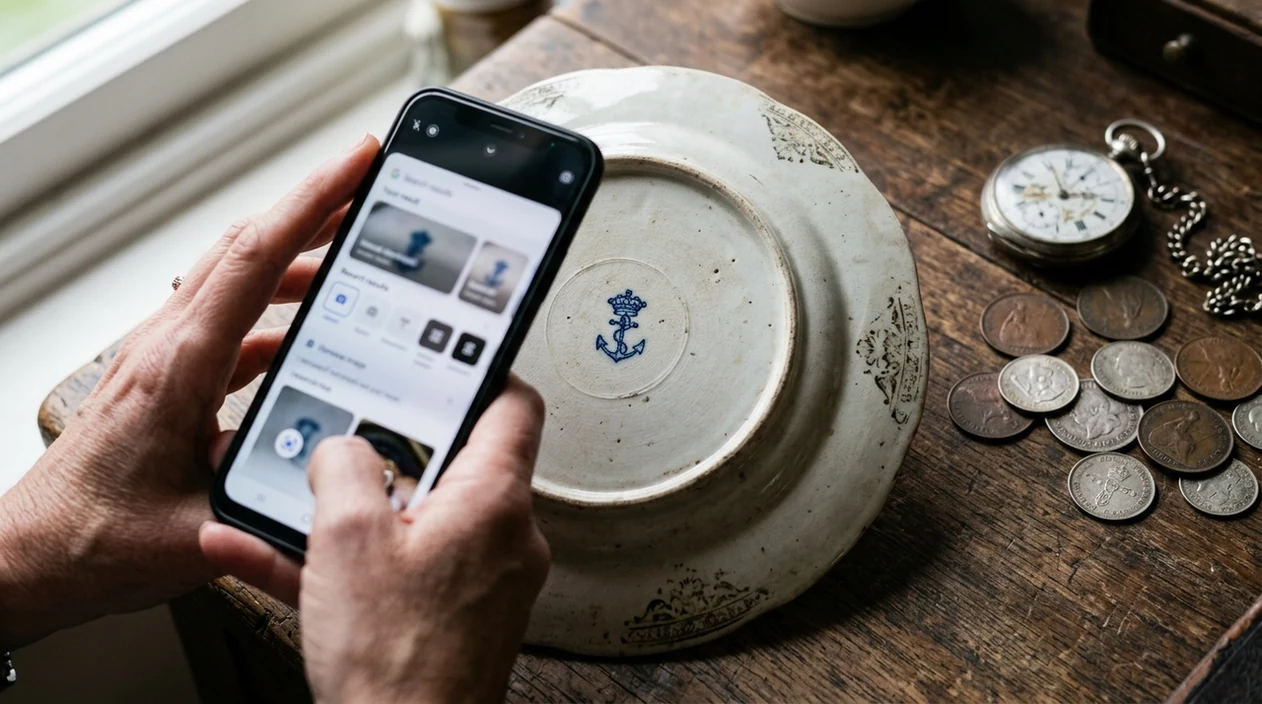 Mobile scanner checking an antique maker mark for resale research