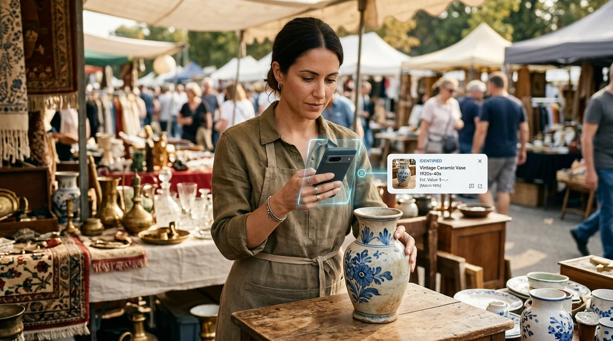 Antique identifier for resellers scanning a vase at a flea market