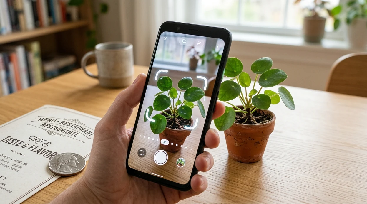 Visual search app scanning a plant, coin, and menu