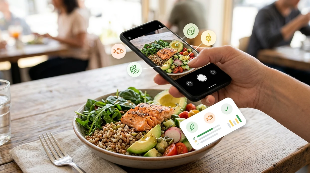 Phone calorie scanner identifying foods in a lunch bowl
