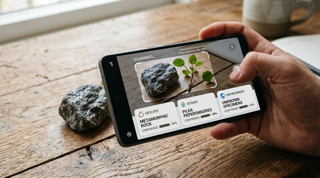 Smartphone scanner showing results for a rock and plant
