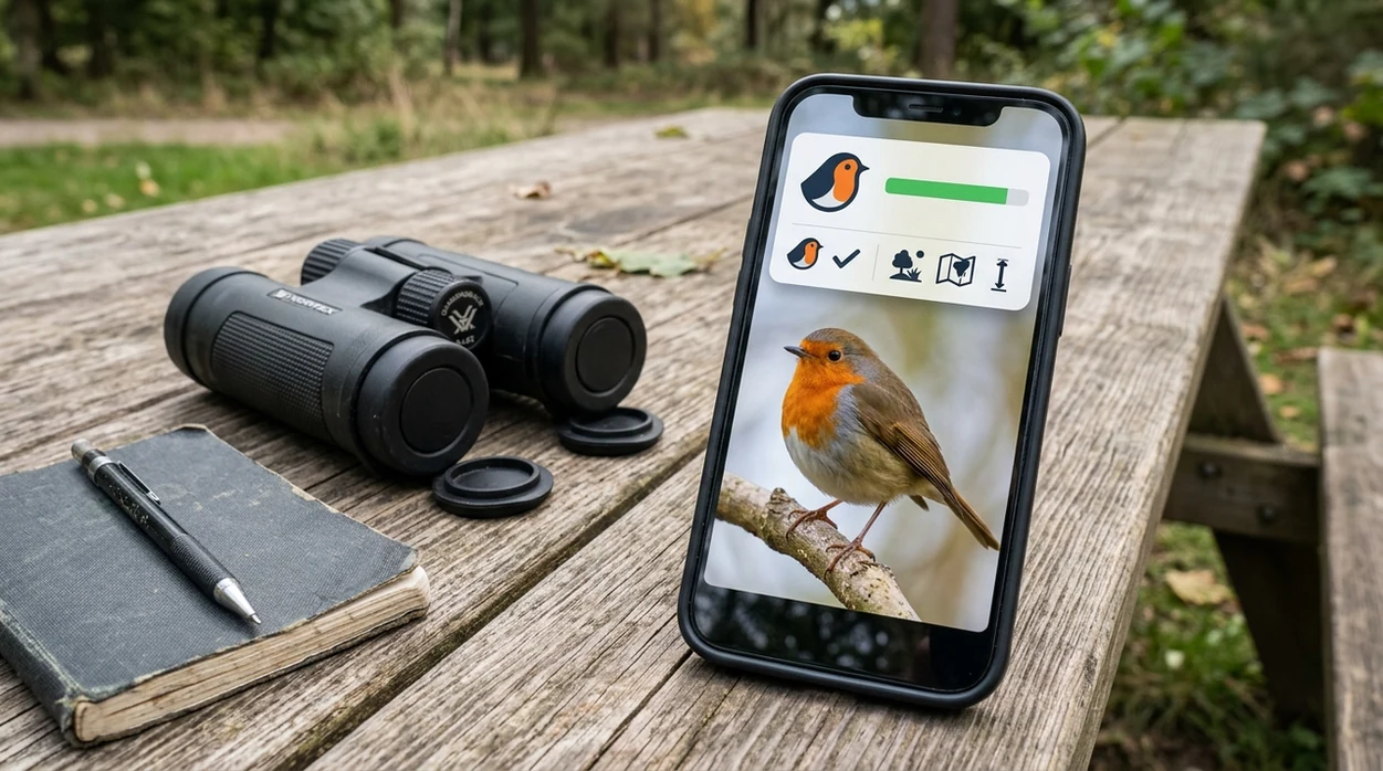 Phone scanner showing a bird identification result from a trail photo