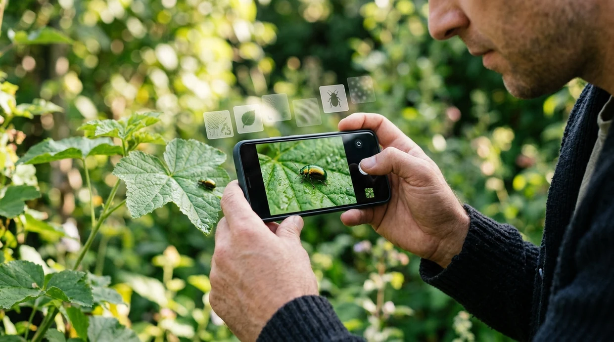 App that identifies bugs scanning a beetle on a garden leaf