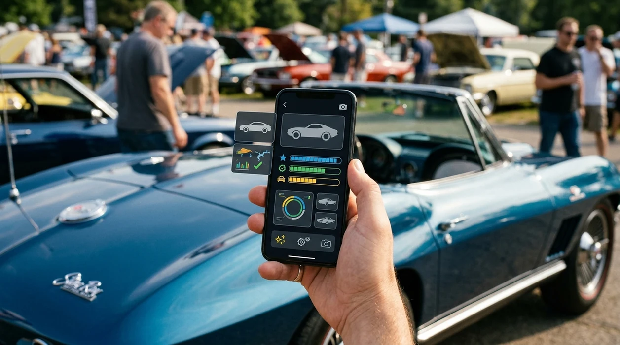 Car photo scanner analyzing grille and headlights at a meet