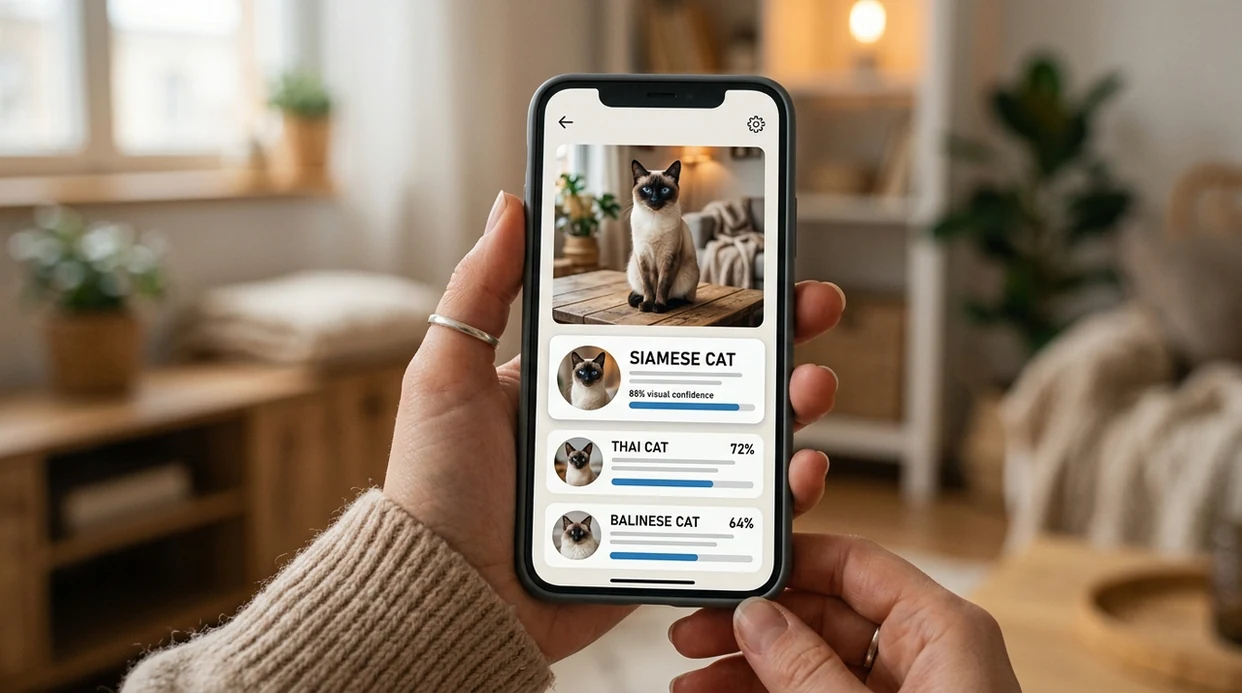 Cat breed identification result shown on a mobile scanner