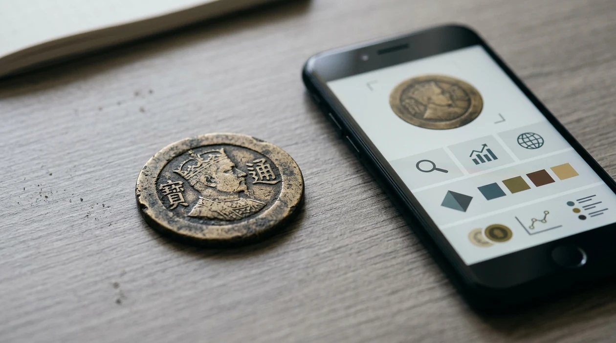 Coin scanner result shown beside an old foreign coin