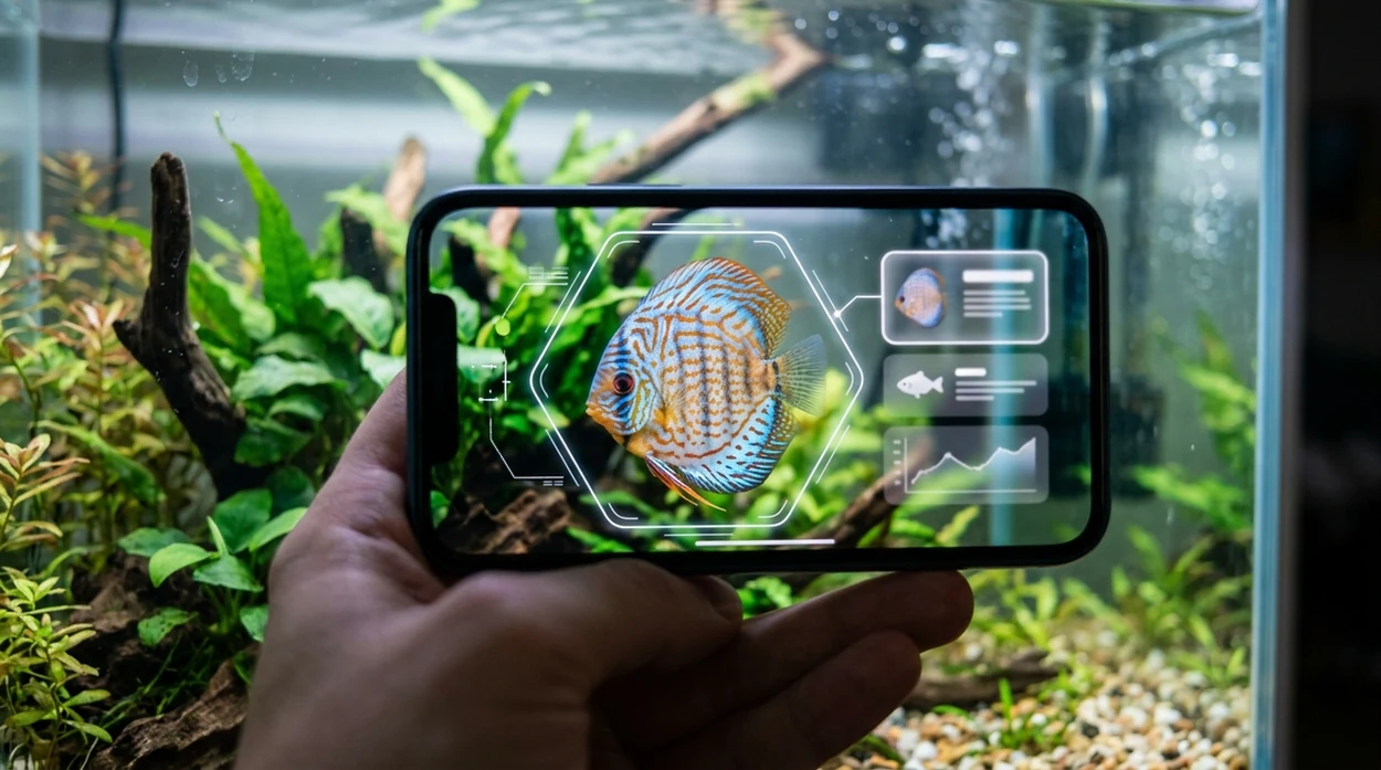 Mobile fish scanner checking an aquarium fish through glass