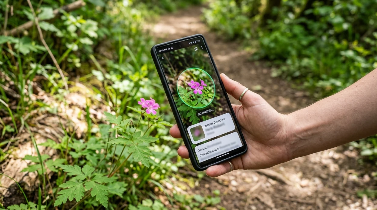 Phone flower scanner showing a likely plant identification result